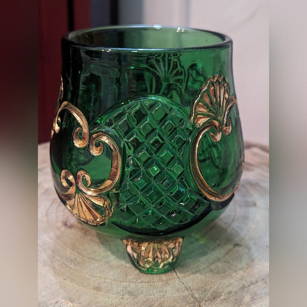 Antique EAPG Riverside Croesus Glass Footed Sugar Bowl Green w/ Gold